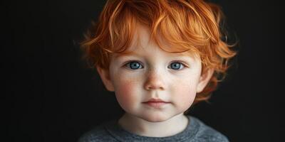 Young child with striking red hair and blue eyes posing against a dark background in a close-up shot photo