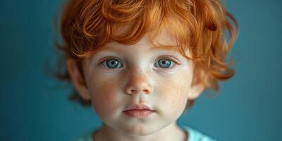 Young child with curly red hair and bright blue eyes poses against a blue background indoors photo