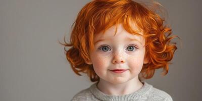 Child with curly red hair and freckles smiles against a plain background on a bright day in a modern indoor setting photo