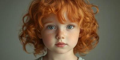Young child with orange curly hair and blue eyes gazes thoughtfully at the camera in a neutral setting photo
