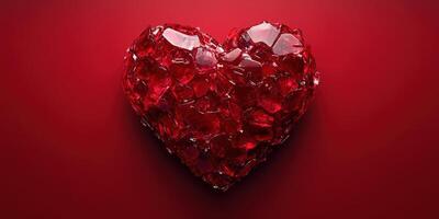 Unique red crystal heart shaped decoration on a rich red background for romantic themes photo