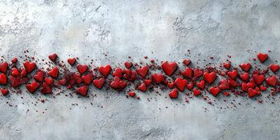 Red hearts scattered along a textured surface, creating an artistic display of love and emotion during an abstract celebration photo