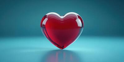 Heart shaped glass ornament reflecting light on a smooth surface with a blue background photo