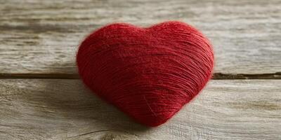 Red heart made of yarn resting on a wooden surface, symbolizing love and creativity in a cozy setting photo