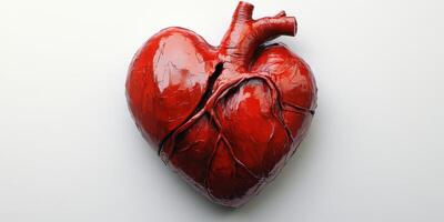 Heart sculpture made of vibrant red material showcasing intricate anatomical details photo