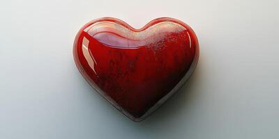 Red heart sculpture with a shiny surface and a weathered texture sits on a neutral background photo