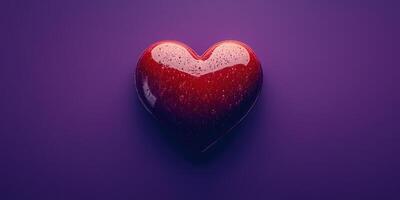 Heart shaped object with droplets on surface placed on a vibrant purple background in a close-up view photo
