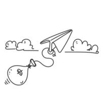 a drawing of a paper airplane flying through the sky with a bag of money vector