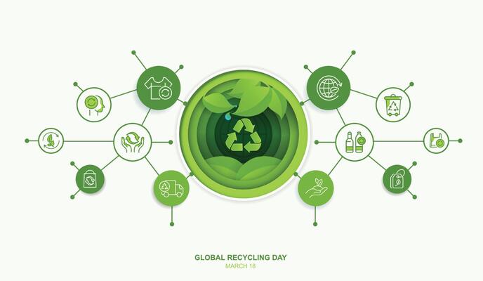 Paper art of global recycling day with icons, recycling in environmental sustainability, recycling symbol, bins, plastic bottles, protect the environment, reducing waste. design.