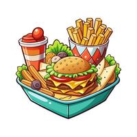 Fast food burger and fries in a tray vector