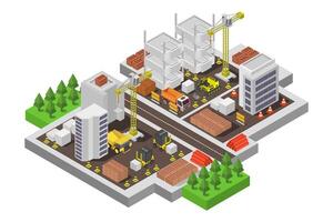 Isometric city with construction equipment and buildings vector