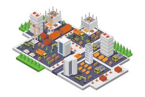 Isometric city with industrial buildings and trees vector