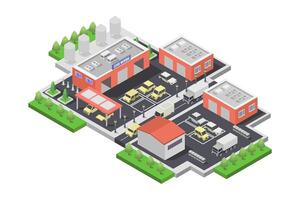 Isometric factory building with a large warehouse and a large truck vector