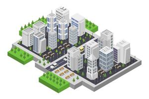 Isometric city with skyscrapers and trees vector