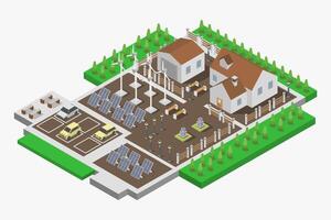 An illustration of a house with solar panels and a wind turbine vector