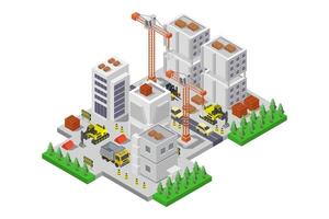 Construction site with crane and construction equipment vector