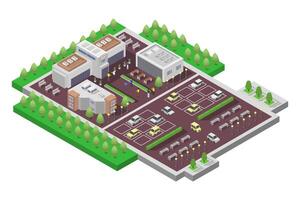 Isometric parking lot with trees and buildings vector