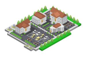 Isometric city with parking lot and trees vector