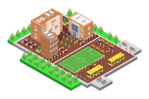 Isometric illustration of school building with soccer field and trees vector