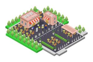 Isometric illustration of a city street with trees and people vector