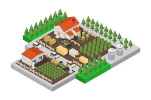 Isometric farm with farm equipment and trees vector