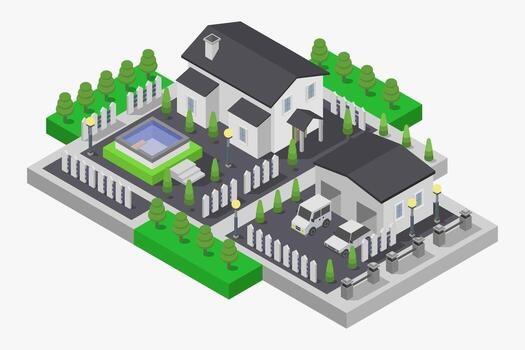Isometric house with pool and trees vector
