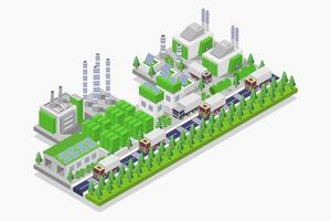 An isometric illustration of a factory with green trees and a train vector