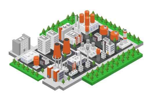 An illustration of a factory with trees and buildings vector