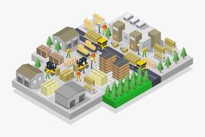 Isometric illustration of a construction site with people working on it vector