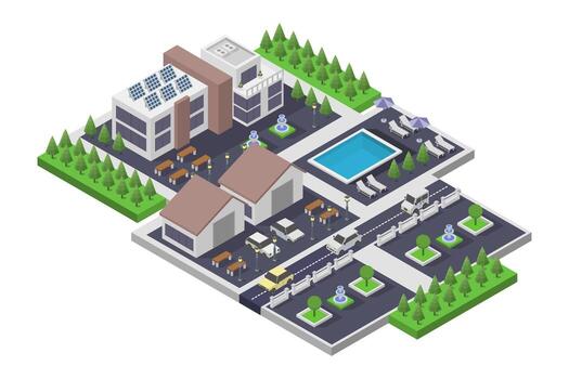 Isometric city with pool and trees vector