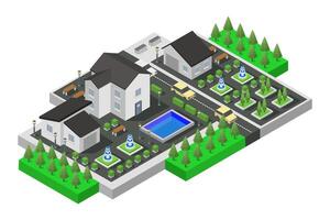 Isometric illustration of a residential area with a swimming pool and trees vector
