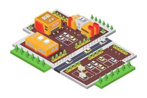 Isometric illustration of a parking lot with trees and buildings vector