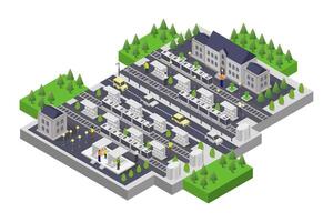 Isometric city with buildings and trees vector