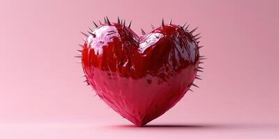 Unique heart sculpture with spikes in striking red color against a soft pink background photo