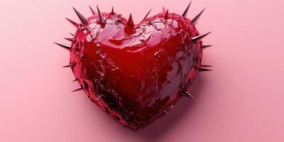 Heart made of glass and covered in spikes resting on a pink background symbolizes pain and love simultaneously photo