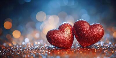Two sparkling red hearts shining against a blurred bokeh background during a romantic celebration photo
