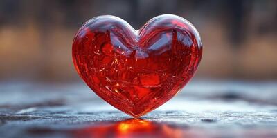 Red heart shaped crystal reflecting light on a textured surface in a serene atmosphere photo