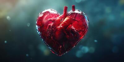 Heart-shaped sculpture made of translucent material showcasing intricate inner details in a soft blue backdrop photo