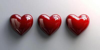 Three glossy red hearts arranged in a row, reflecting light in a minimalist setting photo