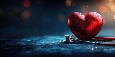 Red heart symbolizing love and health next to a medical stethoscope on a dark background with glowing lights photo