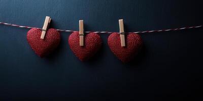 Red hearts hanging on a string with clothespins against a dark background for romantic decoration photo