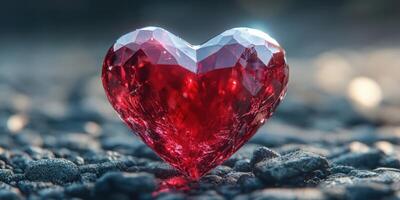 Sparkling red heart-shaped crystal placed on a textured surface under warm light during a calm afternoon photo