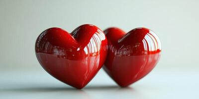 Two glossy red heart sculptures sitting side by side on a light background showcasing love and unity in a serene setting photo