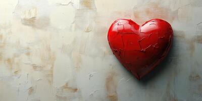 Heart-shaped sculpture resting on textured wall displaying vibrant red color with cracked surface photo