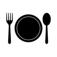 Plate, fork and spoon icon on white background vector