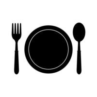 Plate, fork and spoon icon on white background vector