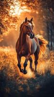 Majestic horse galloping through a sunlit forest in vibrant autumn hues during golden hour photo