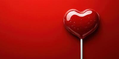 Colorful heart-shaped lollipop on a vivid red background brings sweetness and joy to celebrations and festivities photo