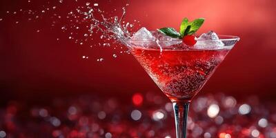 Refreshing cocktail garnished with mint and cherry splashes against a vibrant red background photo