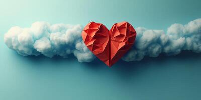 Creative origami heart rests on fluffy clouds against a soothing blue backdrop photo